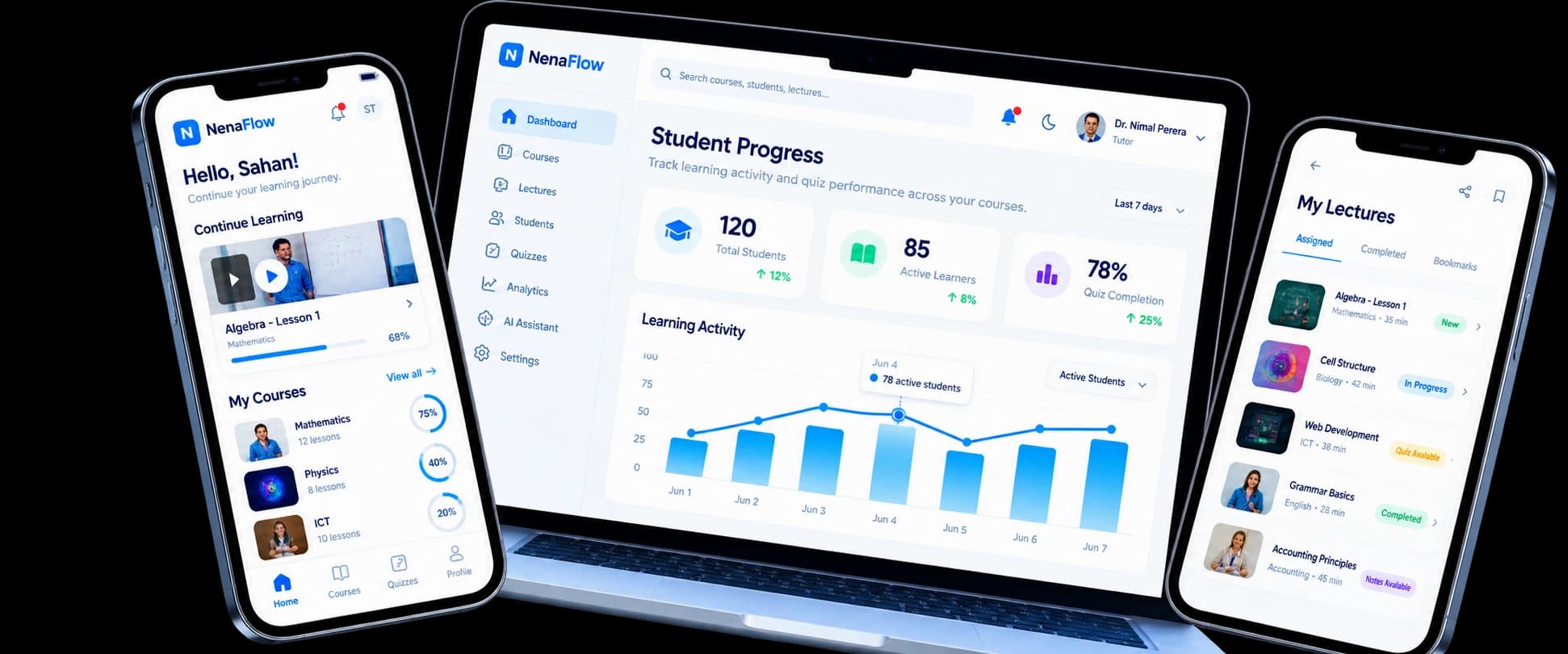 NenaFlow on a laptop and two phones: tutor progress dashboard, student home and lecture list.